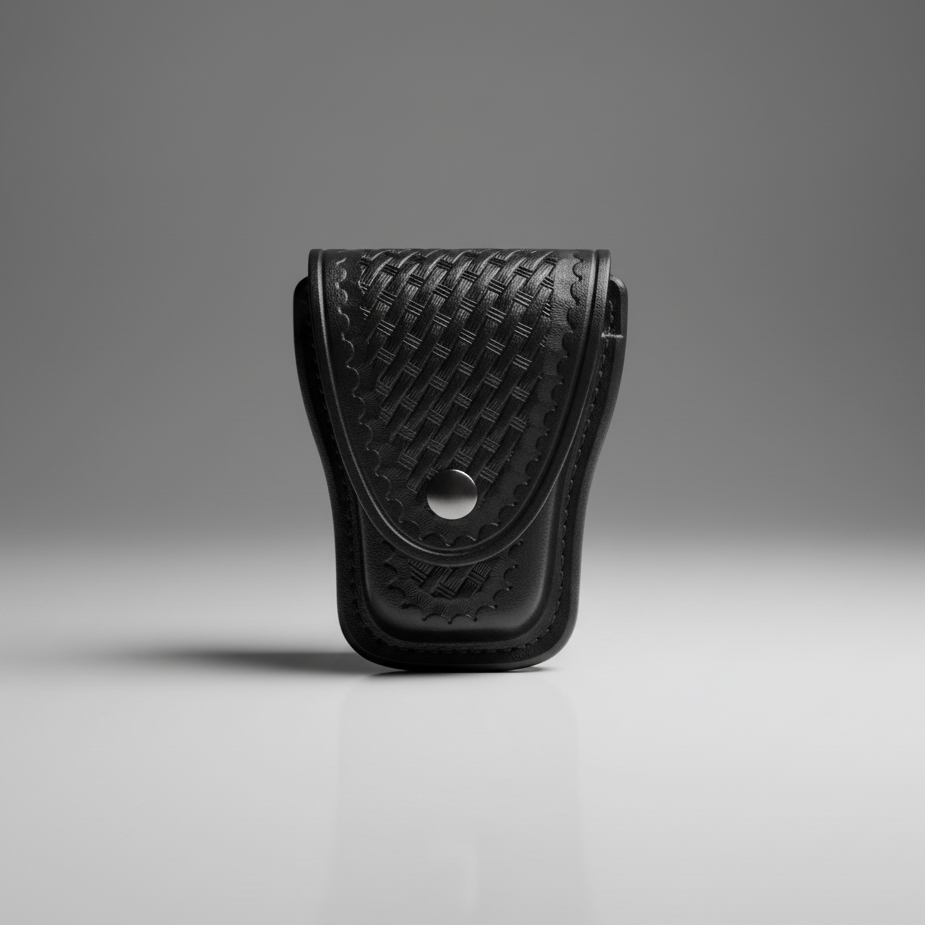 Black leather pouch with woven pattern on a gray background