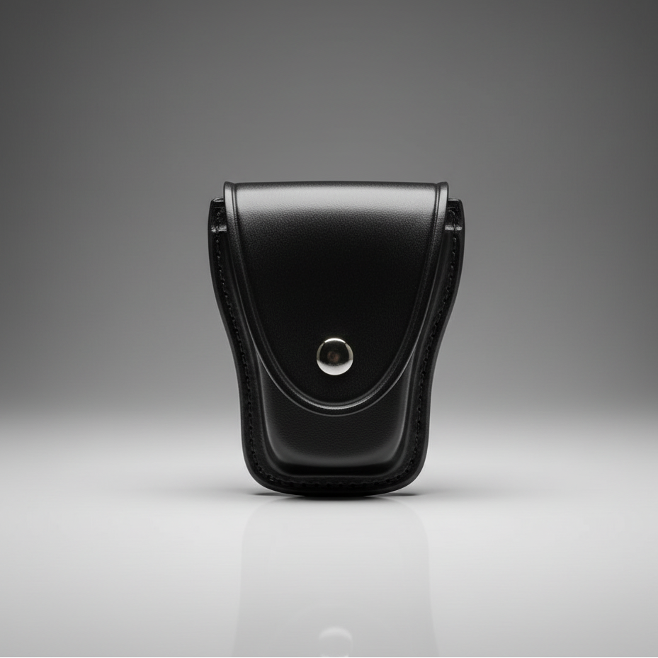 Black leather pouch with a metallic clasp on a gray background