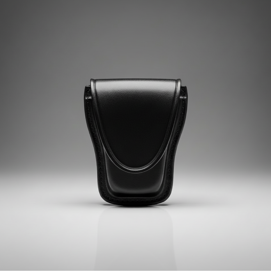 Black leather pouch on a gradient gray background