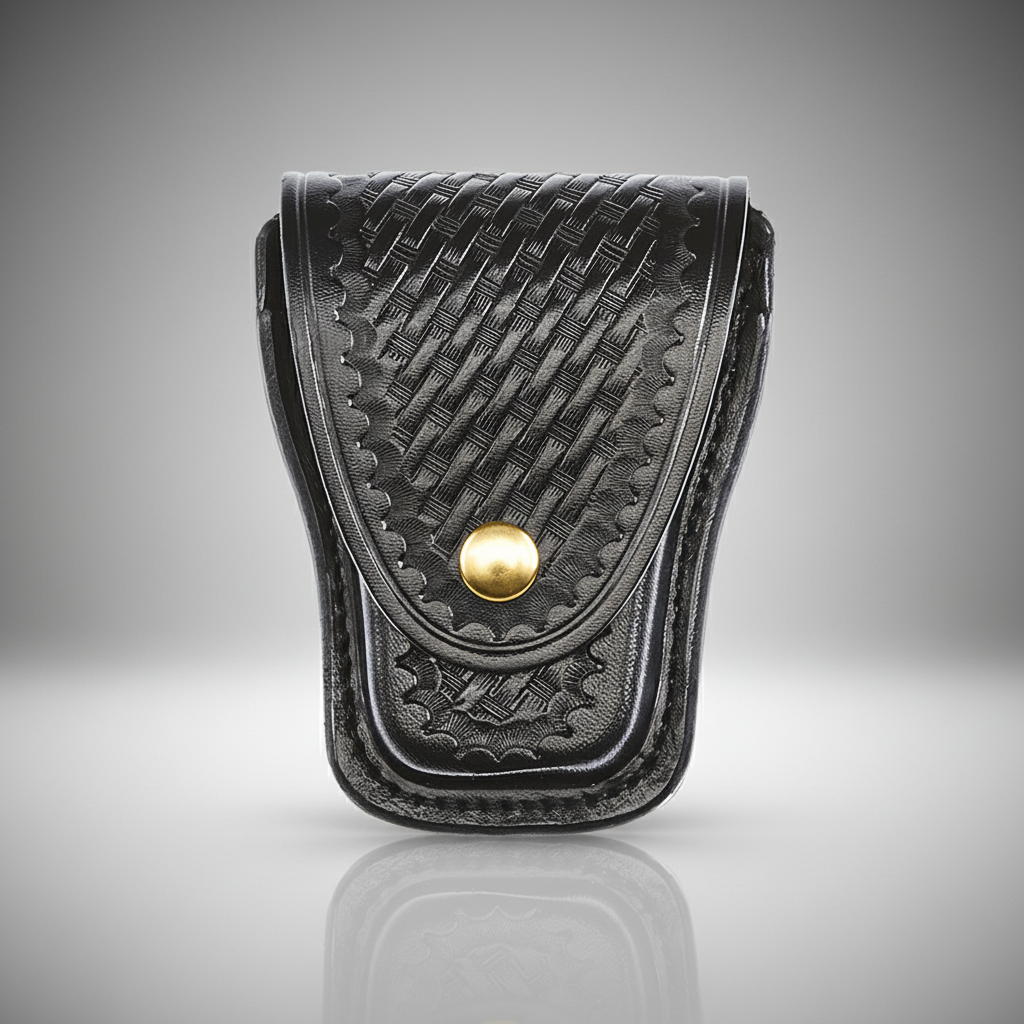 Black leather pouch with woven pattern and gold button on a gray background