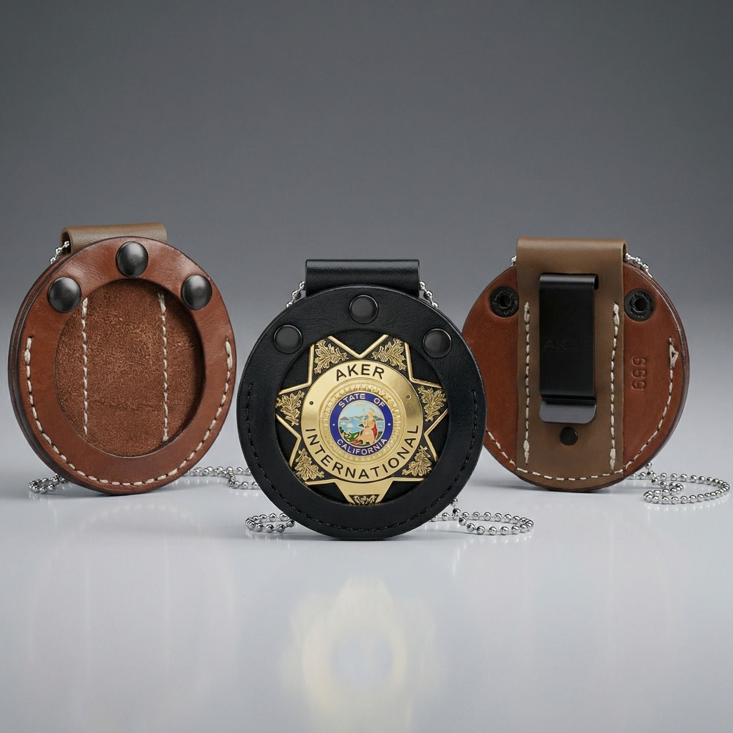 Aker 599 leather undercover badge holder in black and tan brown, both color options shown with necklace chain