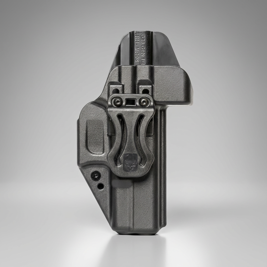 Black gun holster on a gray background