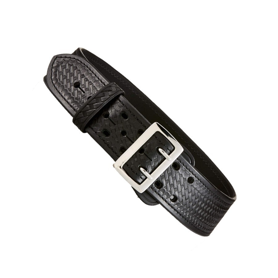 Aker Leather Sally Browne curved duty belt in black, made of durable cowhide with silver buckle and woven design.