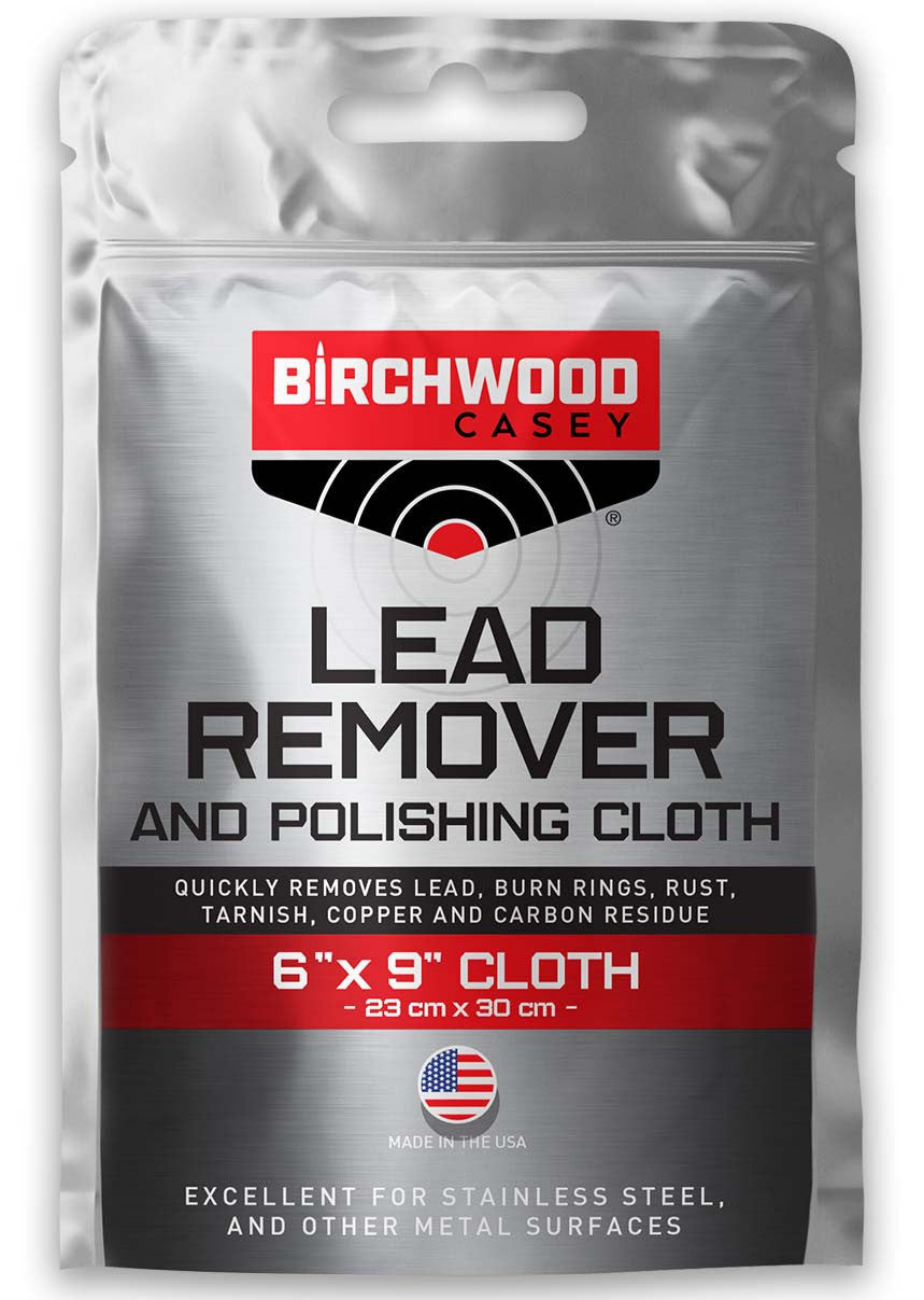 Birchwood Casey lead remover and polishing cloth packaging on a white background