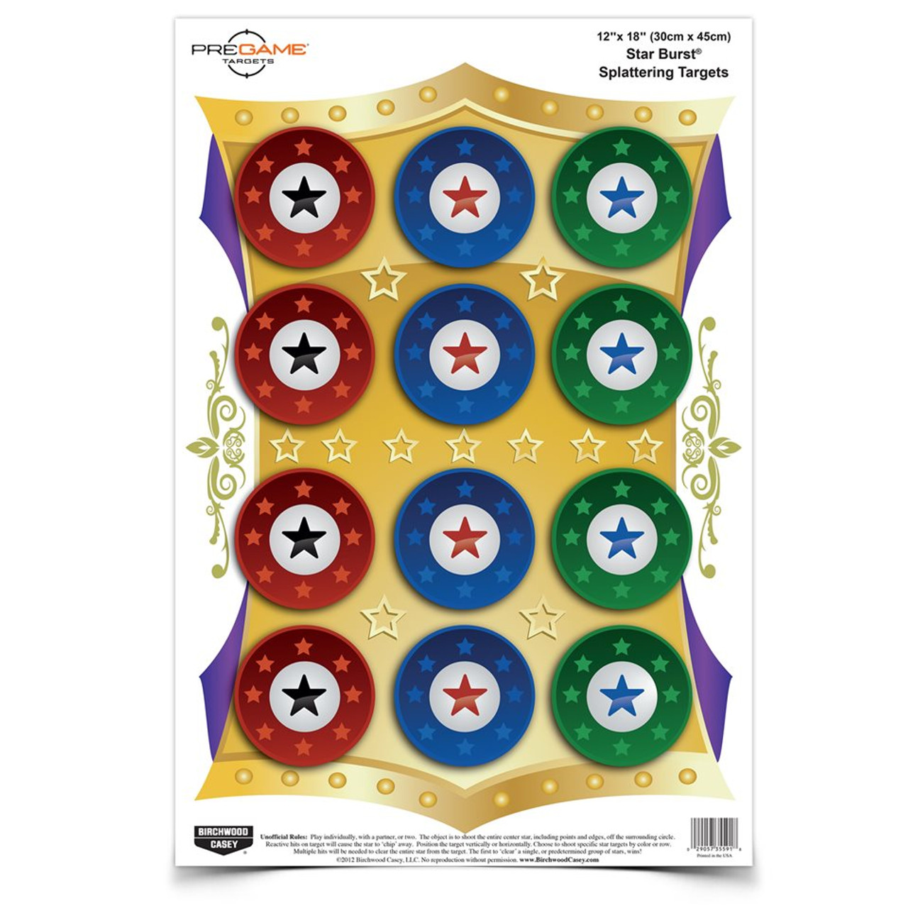 Birchwood Casey PREGAME 12x18 inch Star Burst splattering shooting targets for skill improvement and fun competitions.