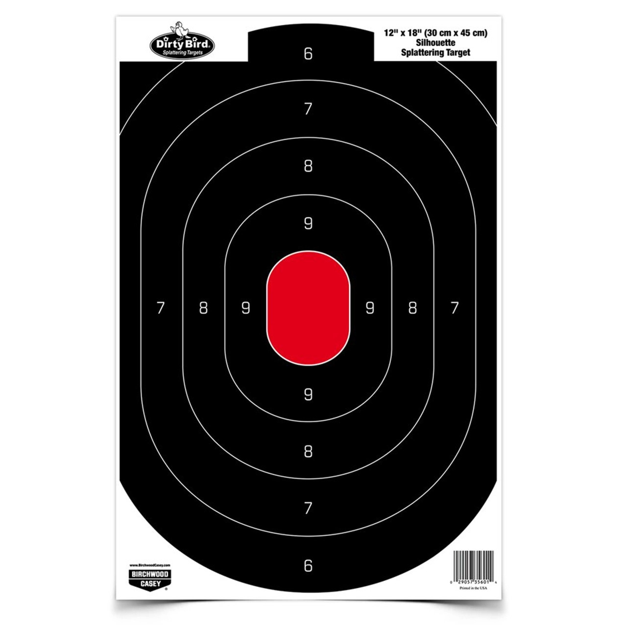 Birchwood Casey Dirty Bird 12x18 silhouette target with splatter effect for easy shot visibility and pistol training.