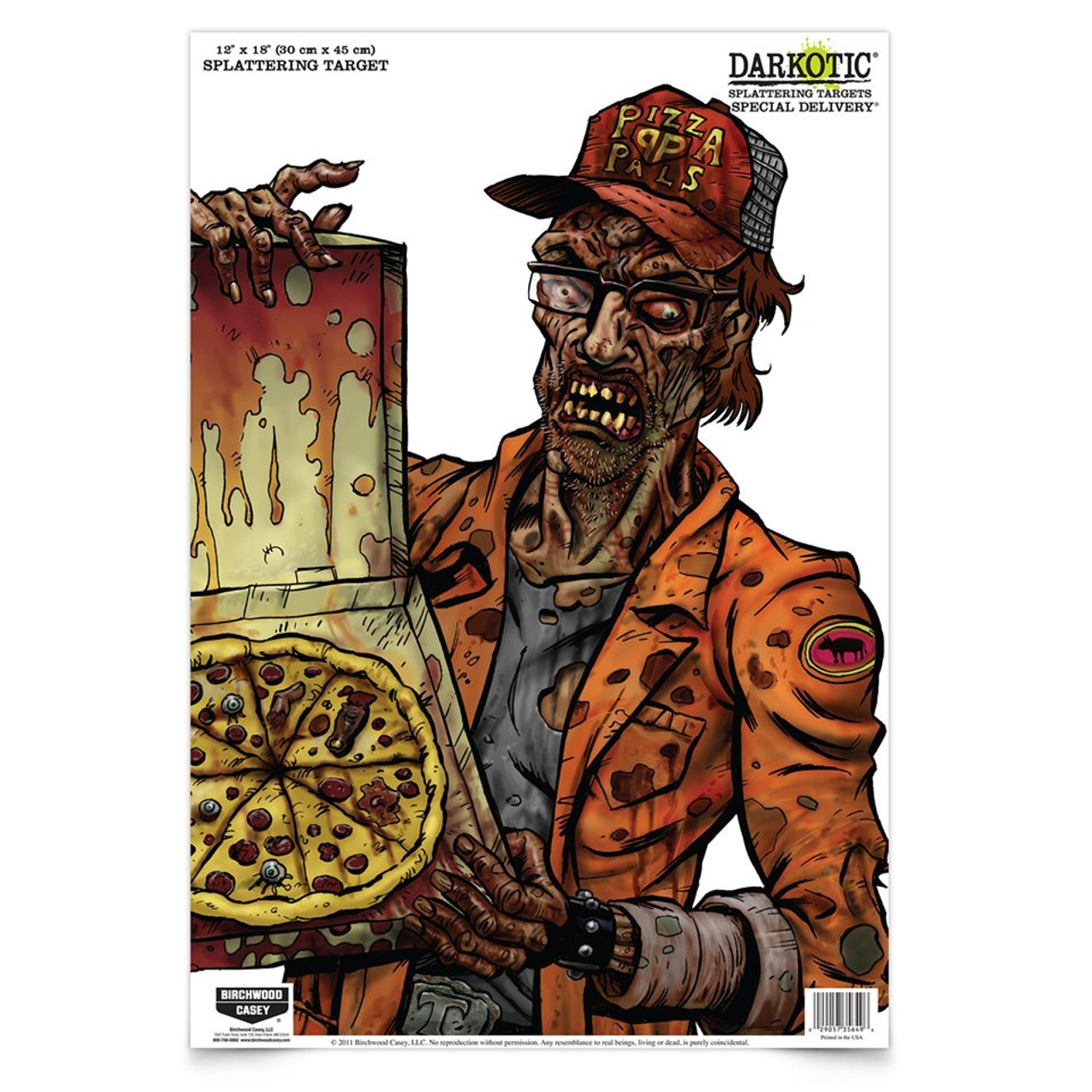 Birchwood Casey Darkotic splattering target featuring a zombie pizza delivery man holding a pizza box, 12 x 18 inches.