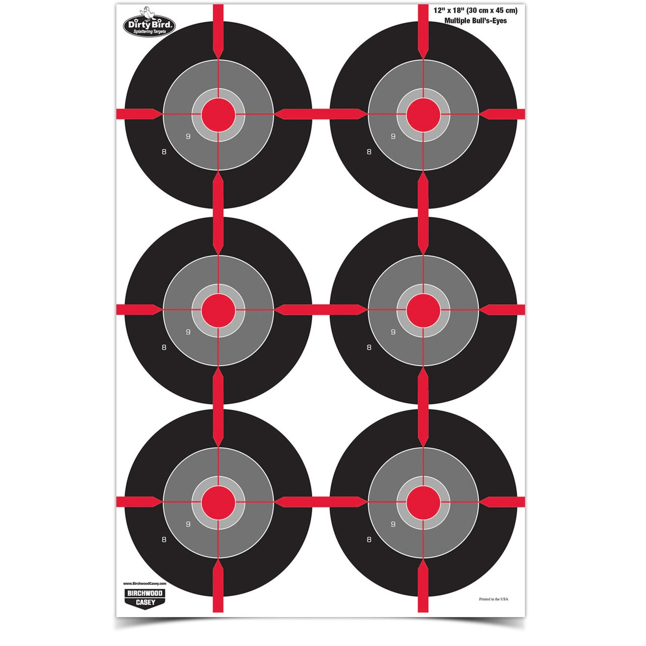 Birchwood Casey Dirty Bird 12x18 bull's-eye target sheet featuring multiple shooting spots for fast shot correction.