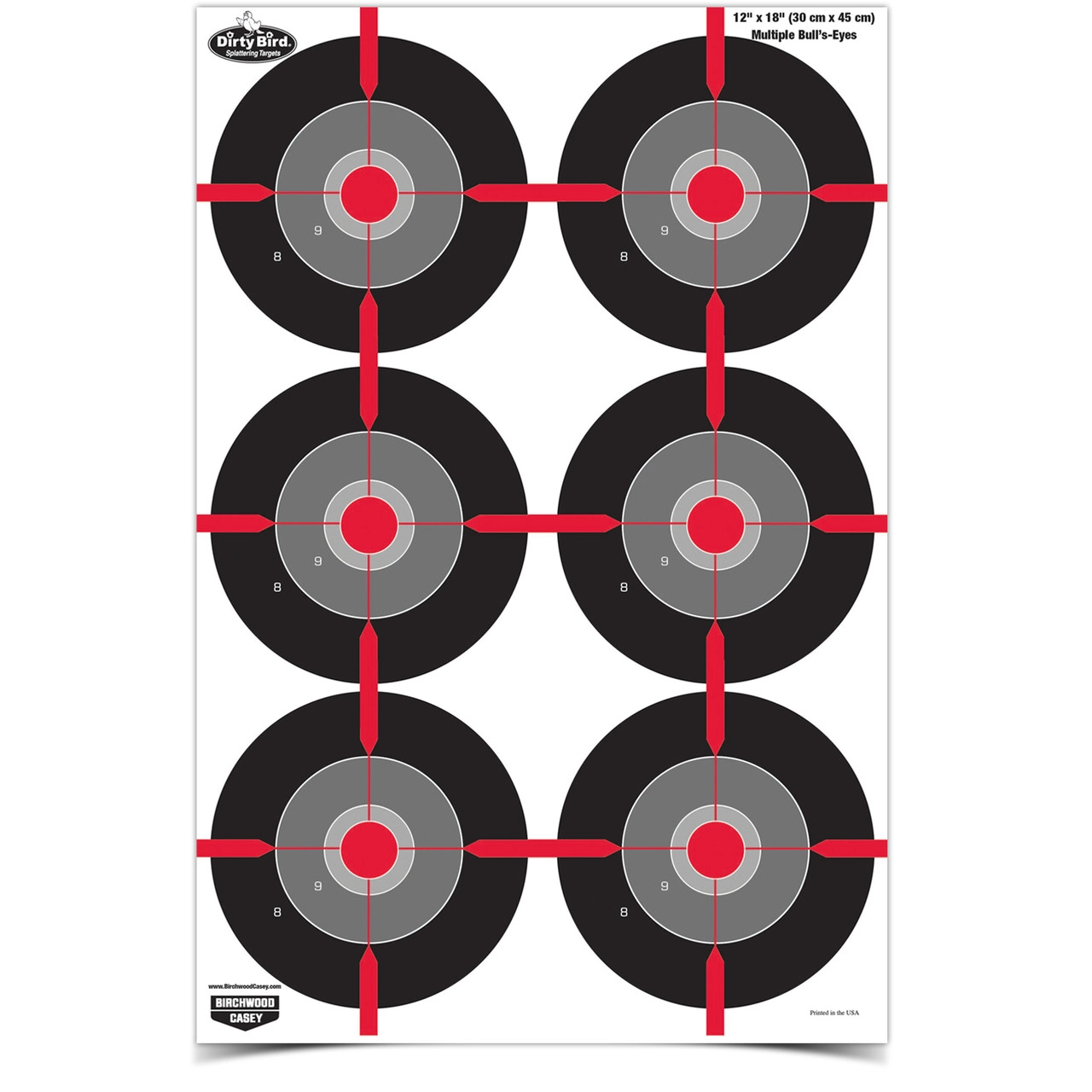 Birchwood Casey Dirty Bird 12x18 multiple bull's-eye shooting target with visible splatter for shot correction.