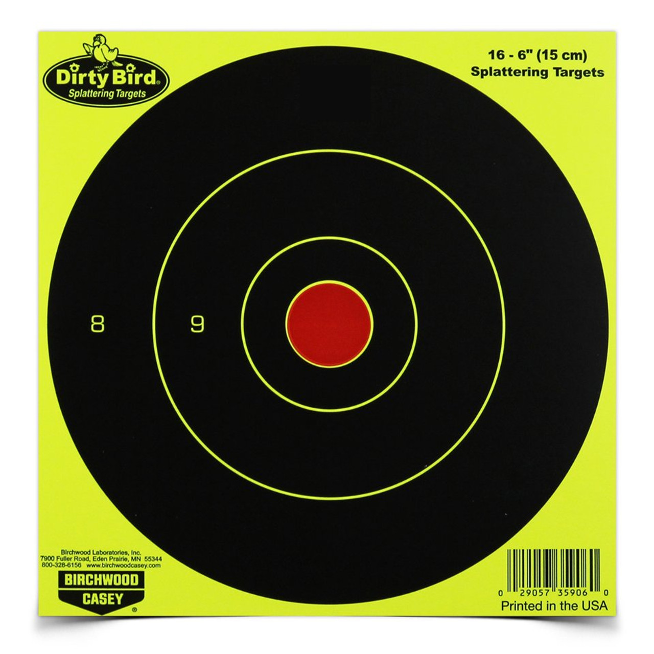 Birchwood Casey Dirty Bird 6 Inch Yellow Round Target for shooting practice, featuring contrasting splatter design for improved visibility.