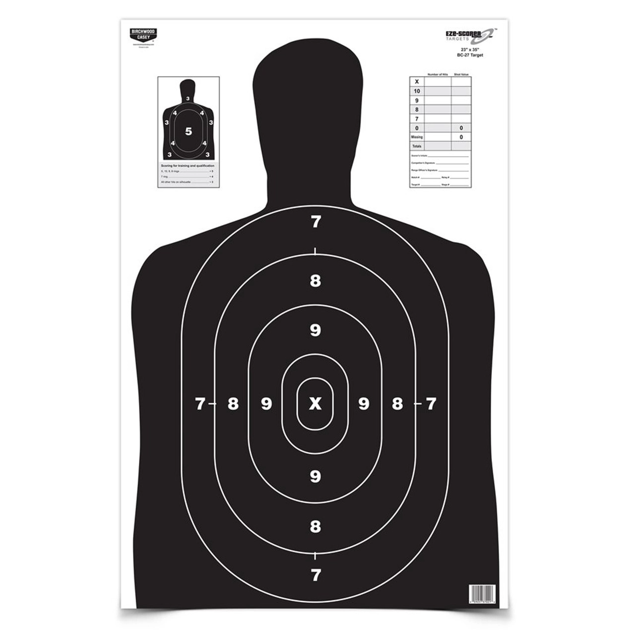 Birchwood Casey Eze-Scorer black silhouette target with scoring table for indoor and outdoor shooting practice.