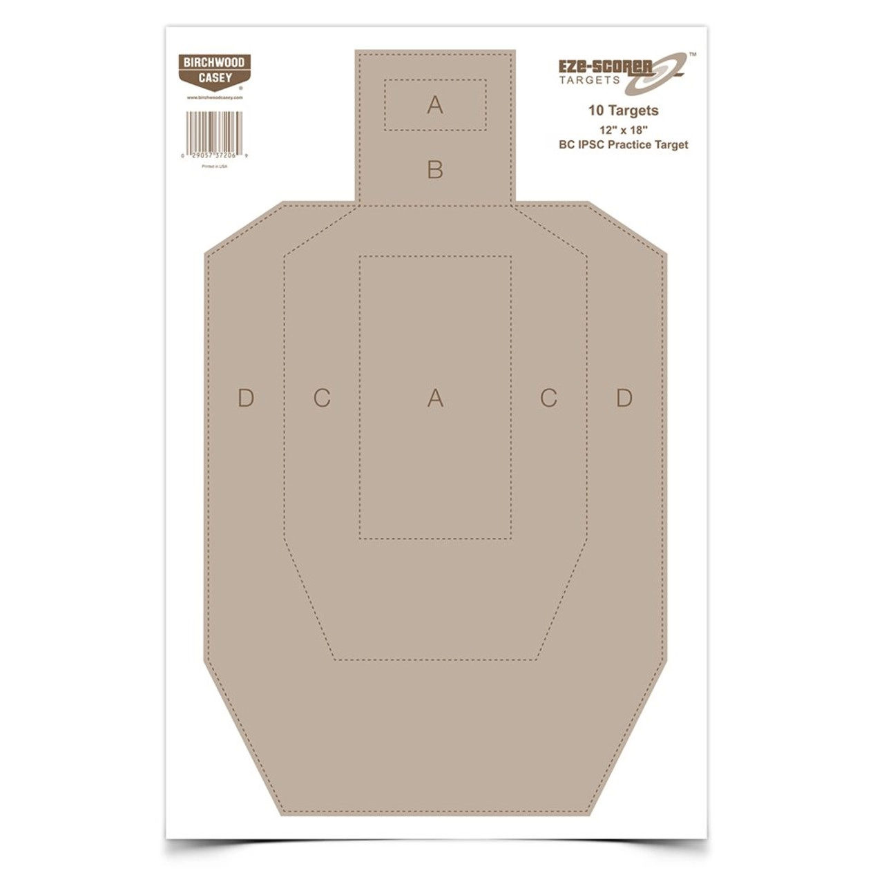 Birchwood Casey Eze-Scorer 12 x 18 IPSC target sheet designed for practical shooting training, includes 10 targets.