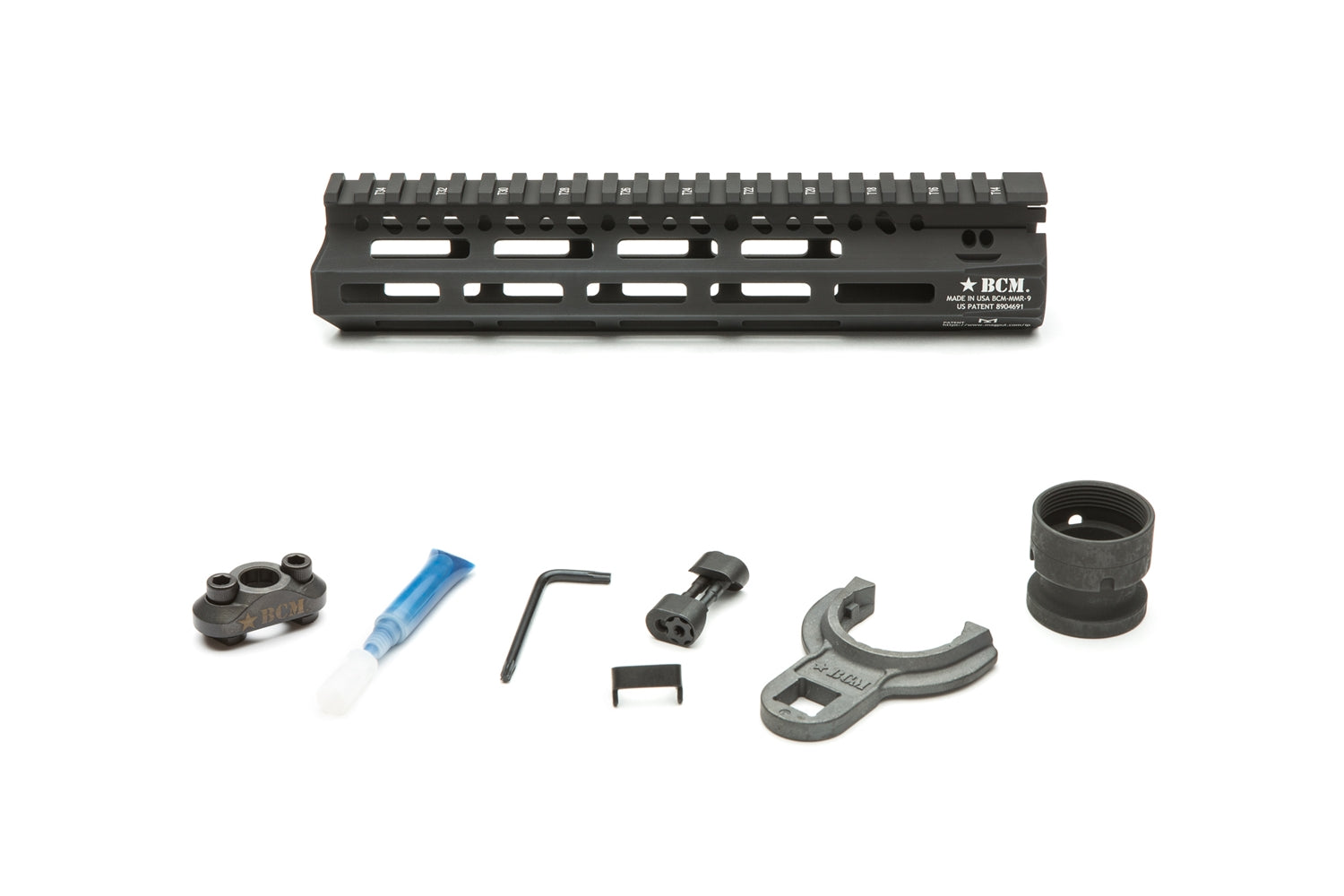 Bravo Company USA MCMR modular rail with M-LOK compatible components and installation tools for enhanced firearm customization.