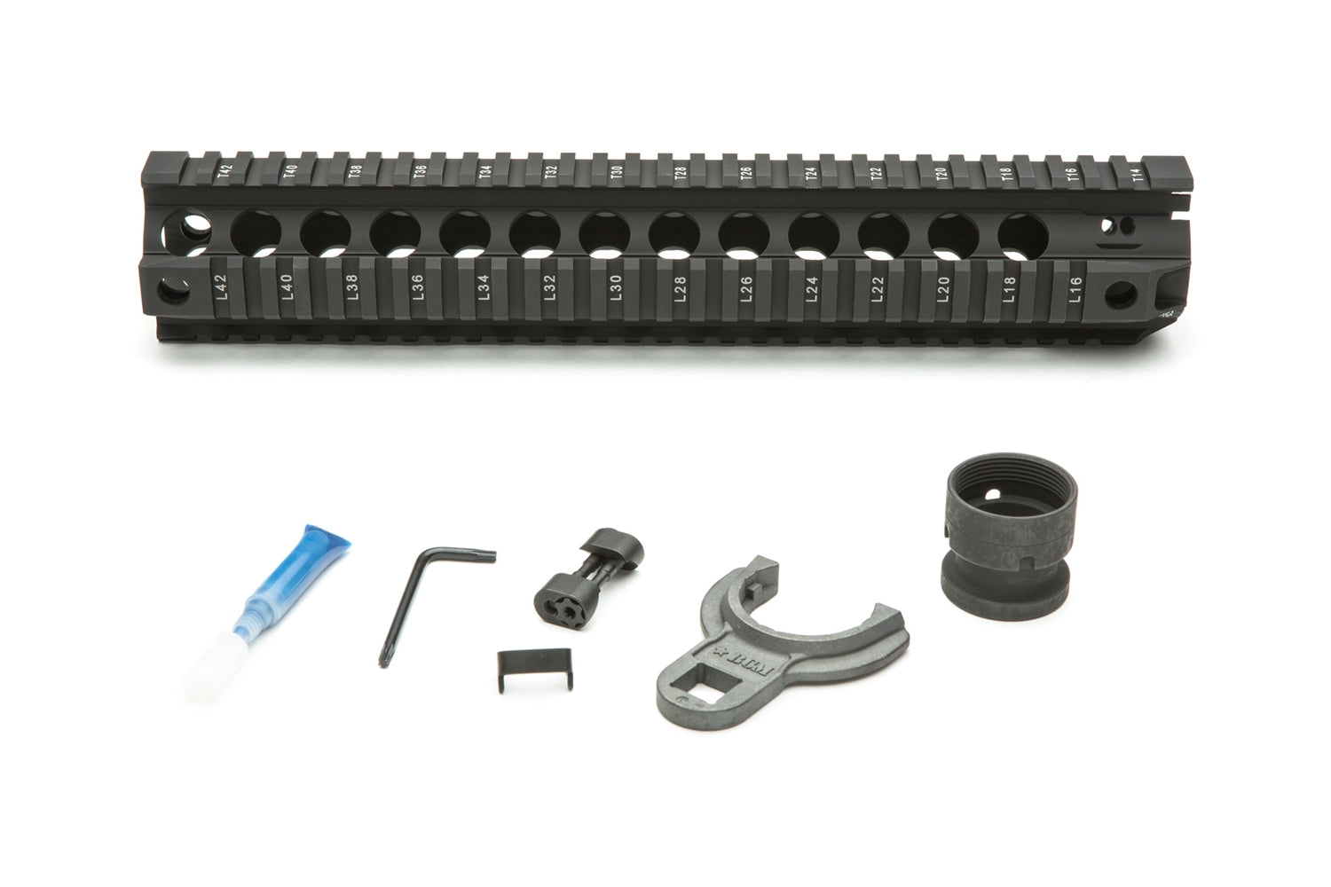 Bravo Company USA BCM QRF-10 quad rail handguard with installation tools and components for modular firearm customization.