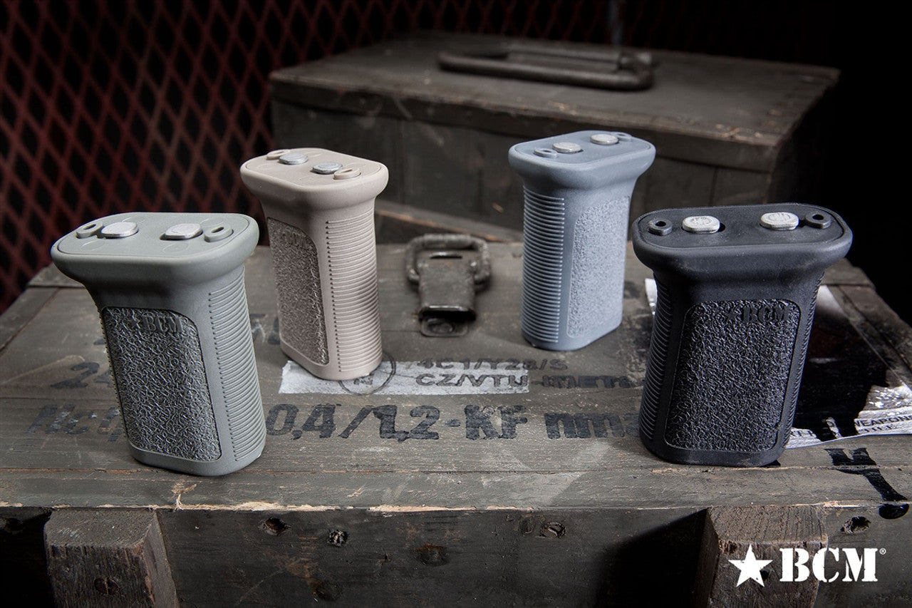 BCM Vertical Grip Mod 3-KeyMod™ in black, tan, gray, and green, showcasing quality and versatility for AR builds.