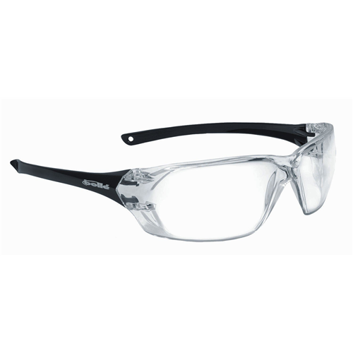 Bollé PRISM Safety Glasses with clear lenses and black frames, offering durable protection and sporty design.