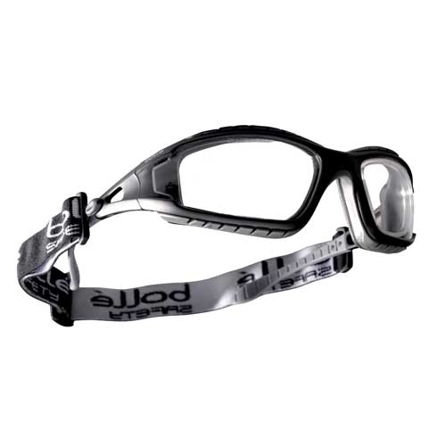 Bollé TRACKER Safety Glasses with adjustable strap for secure, comfortable fit and full wrap-around protection.