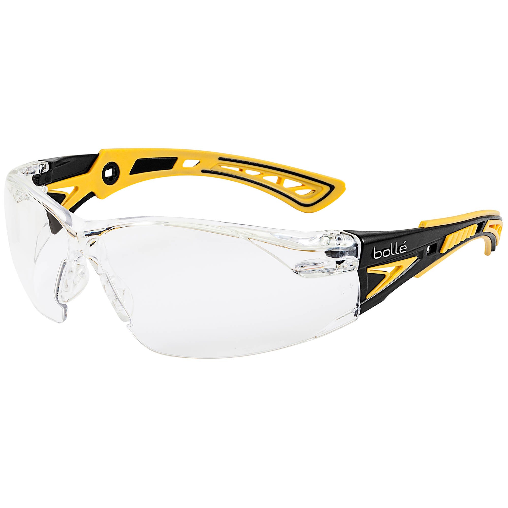 Bollé RUSH+ Small sport sunglasses in black and yellow with clear lenses, designed for narrow faces and optimal fit.