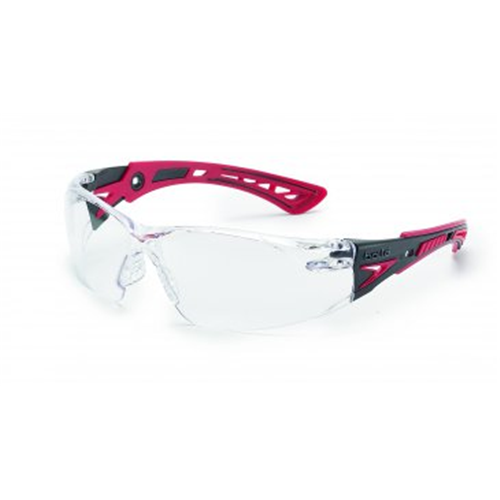 Bollé RUSH Safety Glasses in sleek black and red design, offering panoramic vision and adjustable non-slip features.