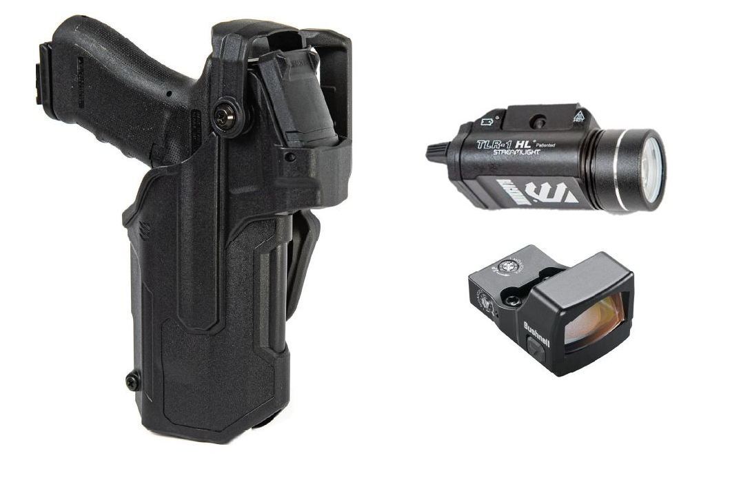 BLACKHAWK! Glock 17/19 T-Series holster with TLR-1 flashlight and RXS250 optic, ideal for duty use and tactical applications.