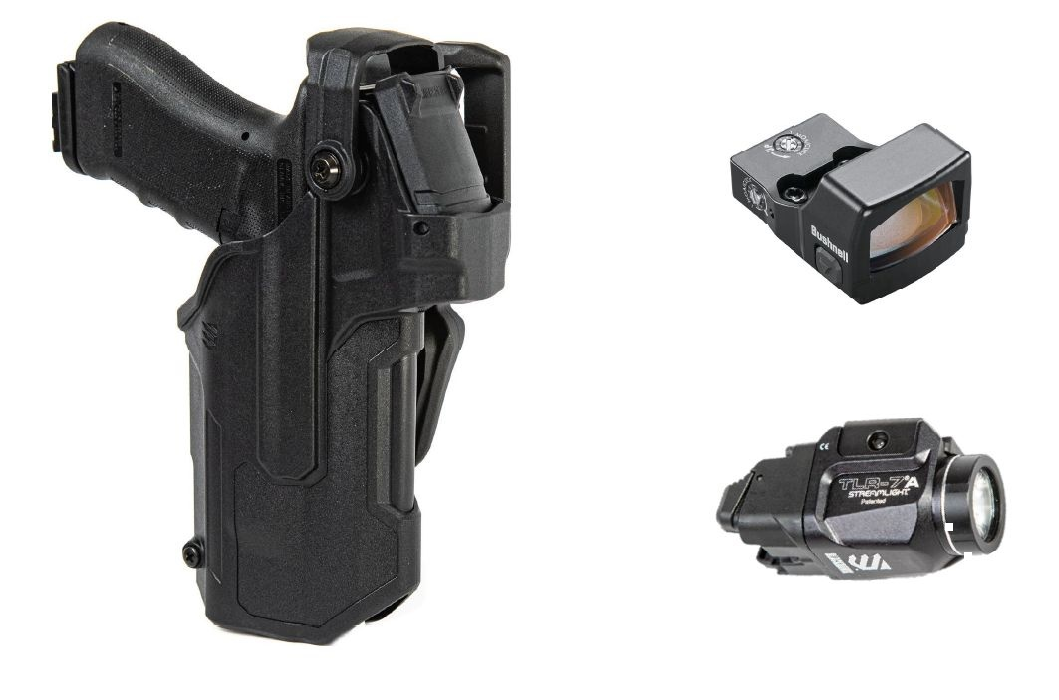 BLACKHAWK! Glock 17/19 T-Series holster with TLR-7 light and RXS-250 optic for enhanced tactical performance.