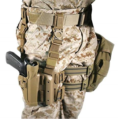 BLACKHAWK! USMC SERPA Holster kit in Coyote Tan attached to a tactical belt, showcasing quick-access design for firearms.