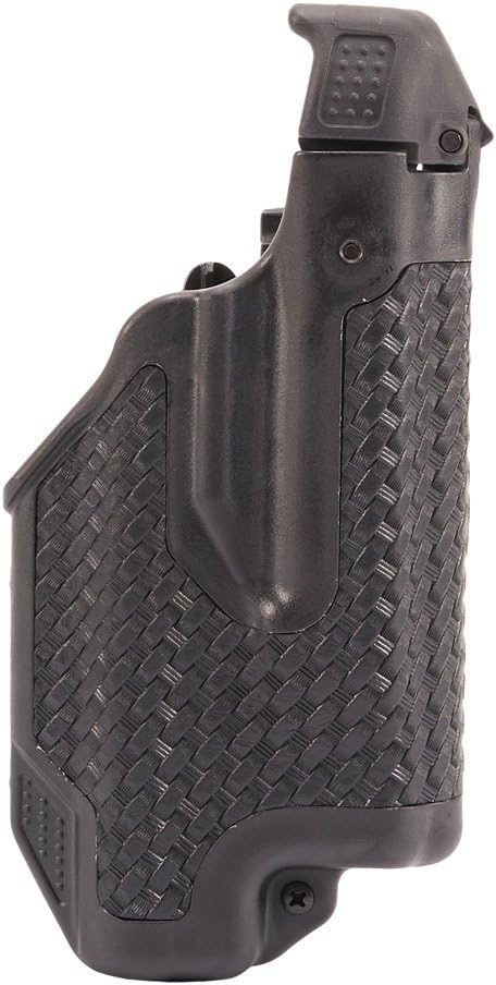 Black gun holster with textured surface on a white background