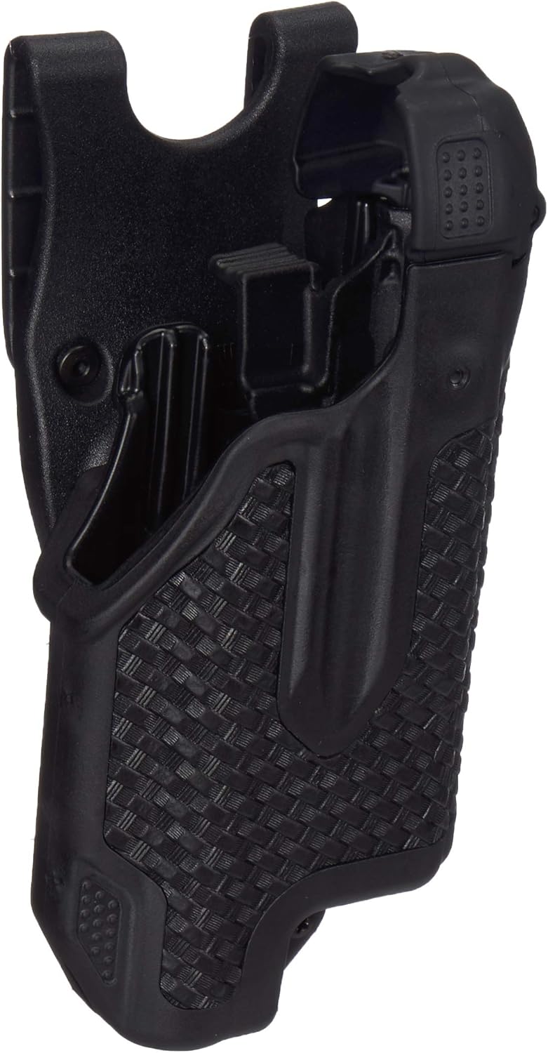 Black tactical holster on a white background