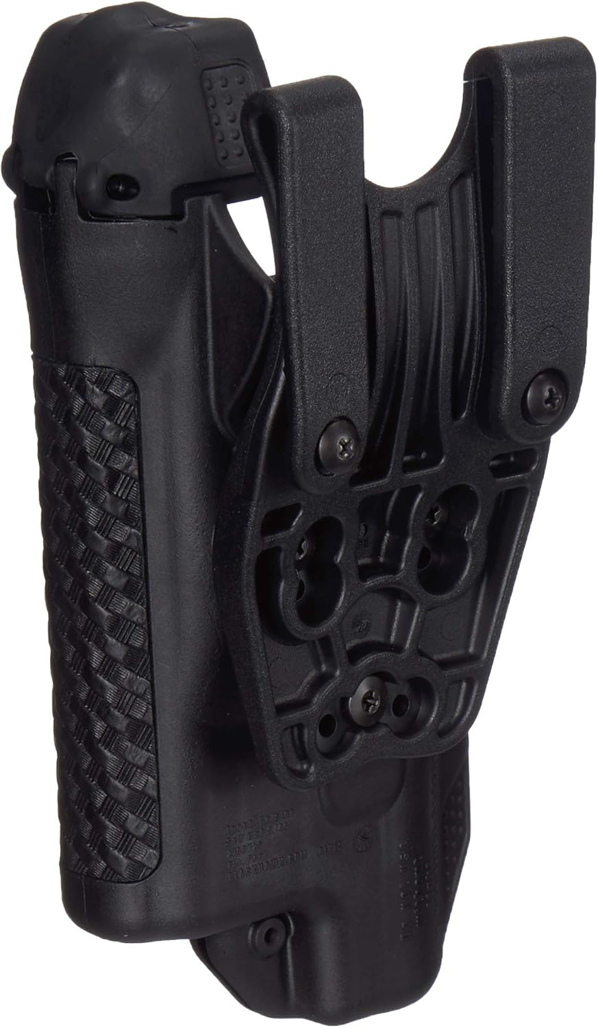 Black tactical holster with a magazine pouch on a white background