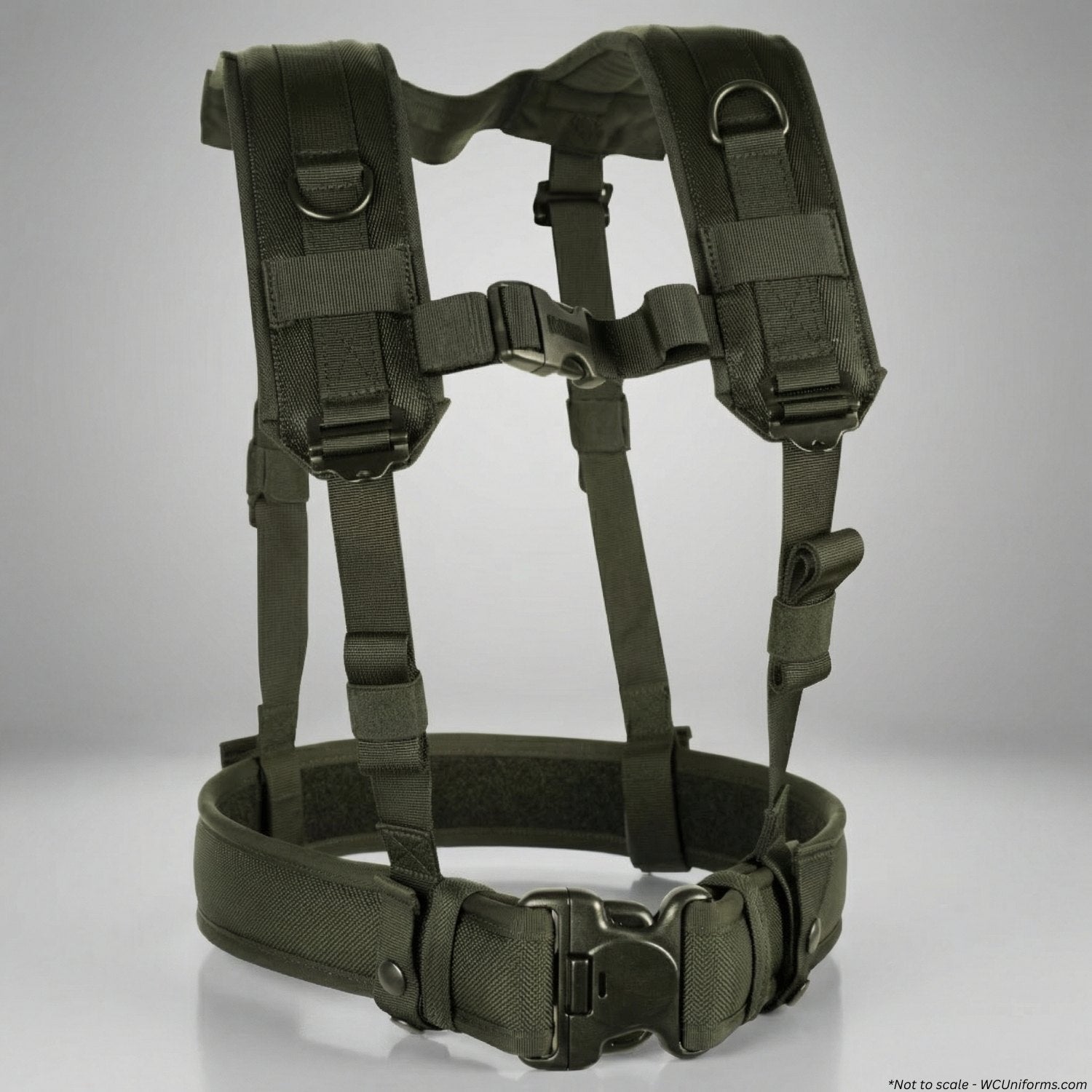 Green tactical harness on a gray background