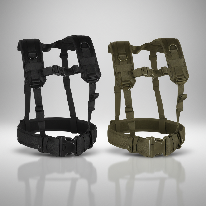 Black and green dog harnesses on a gray background