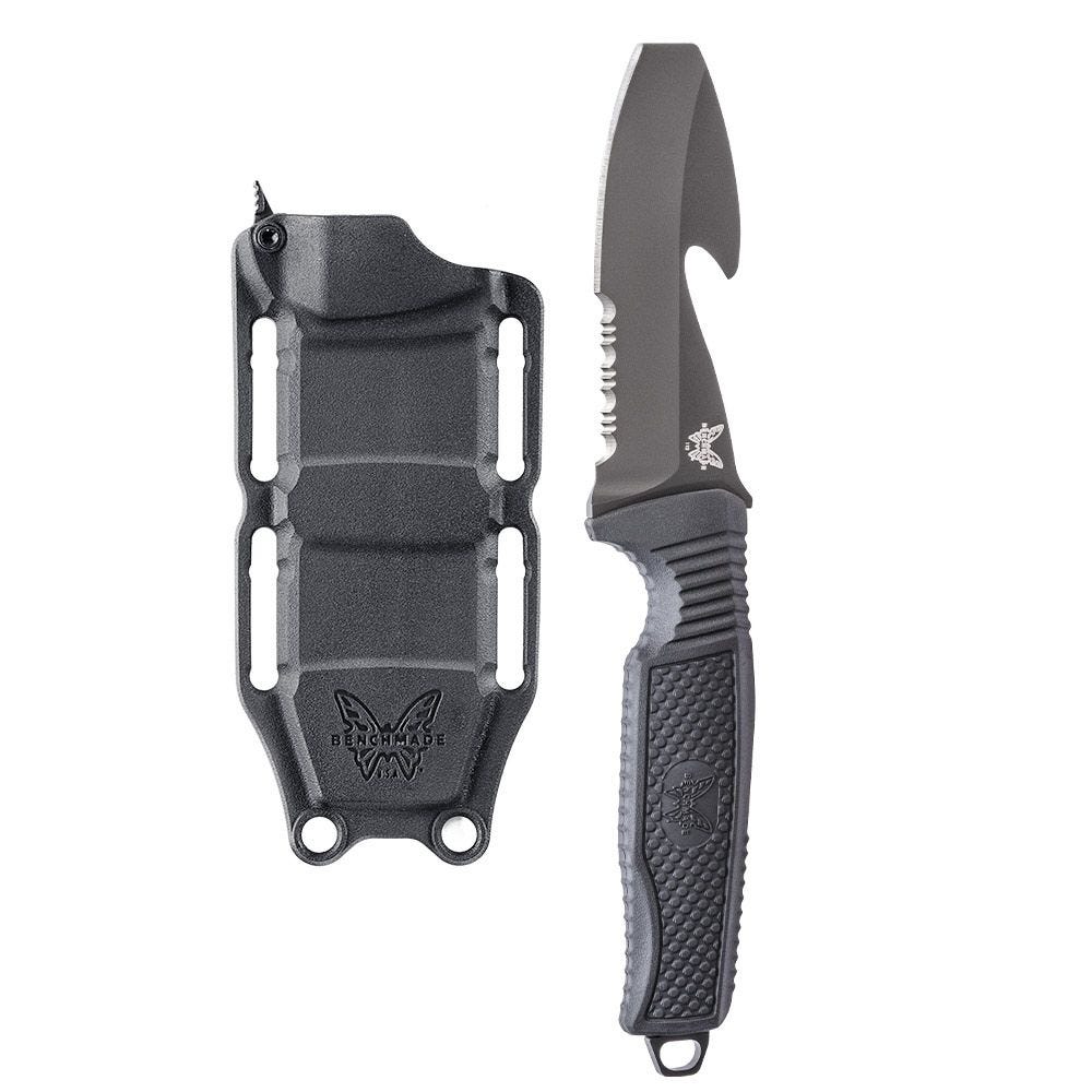 Benchmade H20 Fixed dive knife with black rubberized handle and injection molded plastic sheath, made in the USA.