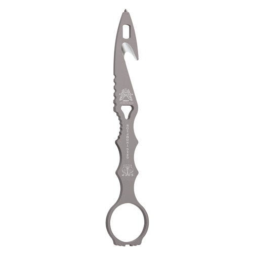 Benchmade SOCP Hook in grey, featuring a finger ring handle, carbide glass breaker, and oxygen wrench for rescue operations.