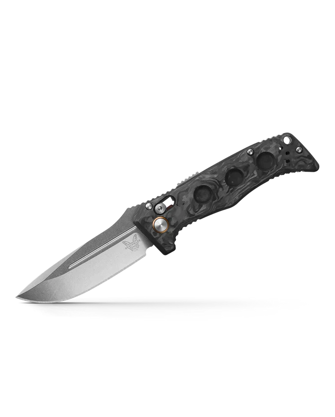 Benchmade Mini Adamas knife with marbled carbon fiber handle and satin-finished blade, showcasing refined style and utility.