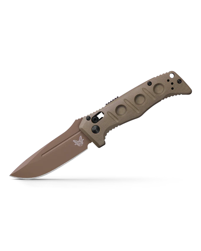 Benchmade Mini Auto Adamas knife with tank-like construction and AXIS lock mechanism, featuring a sleek brown handle and blade.