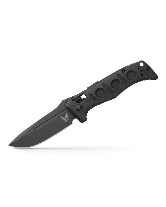 Benchmade Mini Adamas automatic knife with black handle and blade, showcasing its rugged tactical design and reliability.