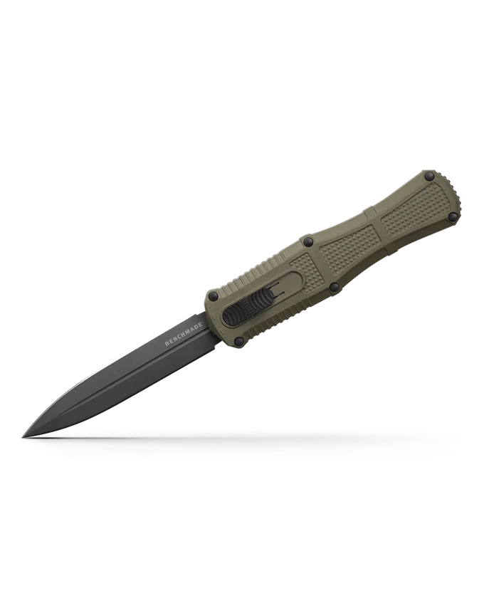 Benchmade Claymore OTF dagger knife with a black blade and green handle, showcasing premium craftsmanship and design.