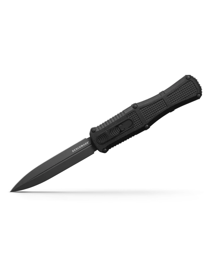 Benchmade CLAYMORE OTF dagger knife with black handle and blade, showcasing high-quality craftsmanship and innovative design.