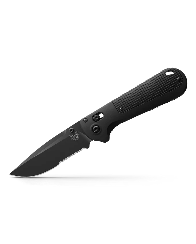 Benchmade REDOUBT knife with black Cerakote finish and textured Black Grivory handle, ideal for utility and self-defense.