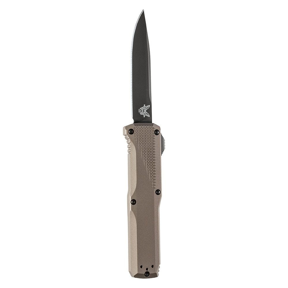 Benchmade Phaeton knife featuring a 3.45-inch drop point blade and tan handle, perfect for everyday carry and tactical use.