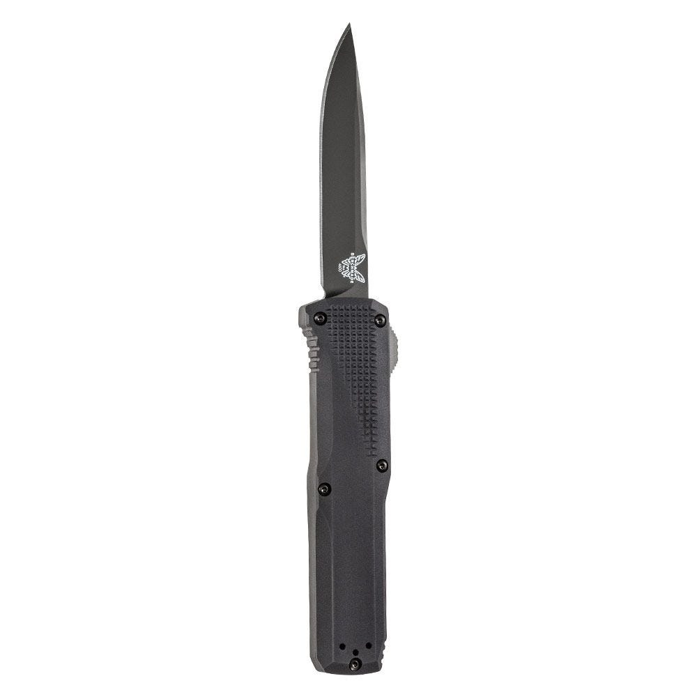 Benchmade Phaeton out-the-front automatic knife with black blade and textured handle, perfect for everyday carry.