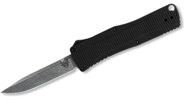 Benchmade 4850 Om OTF AUTO knife with black handle and sleek blade for discreet everyday carry.