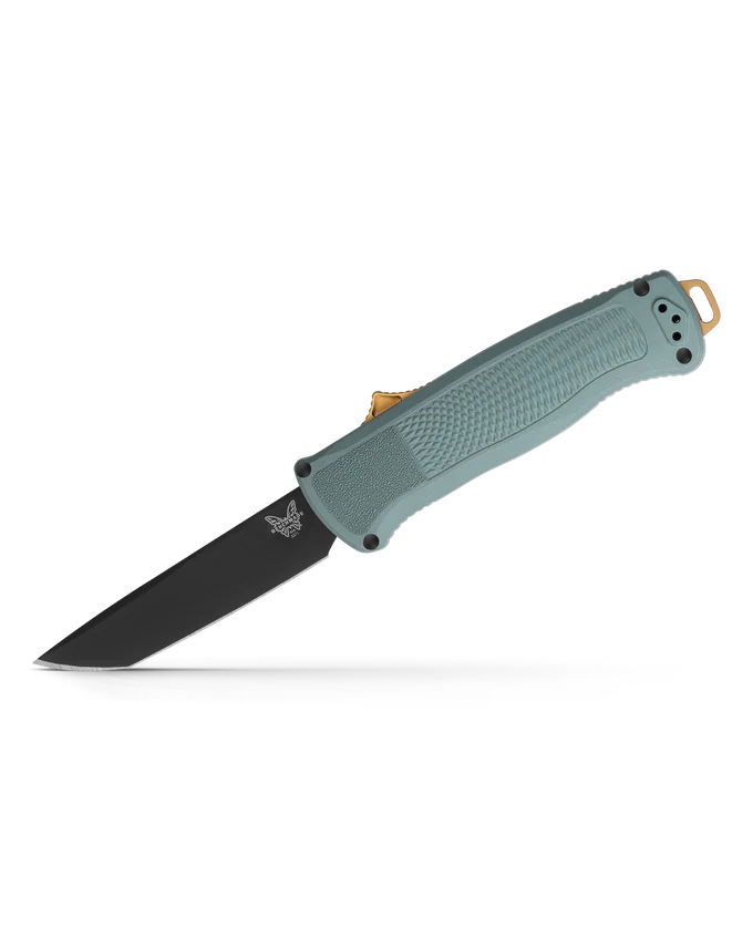 Benchmade SHOOTOUT, AUT, OTF, TANTO knife with a black blade and teal Grivory handle, designed for utility and personal safety.