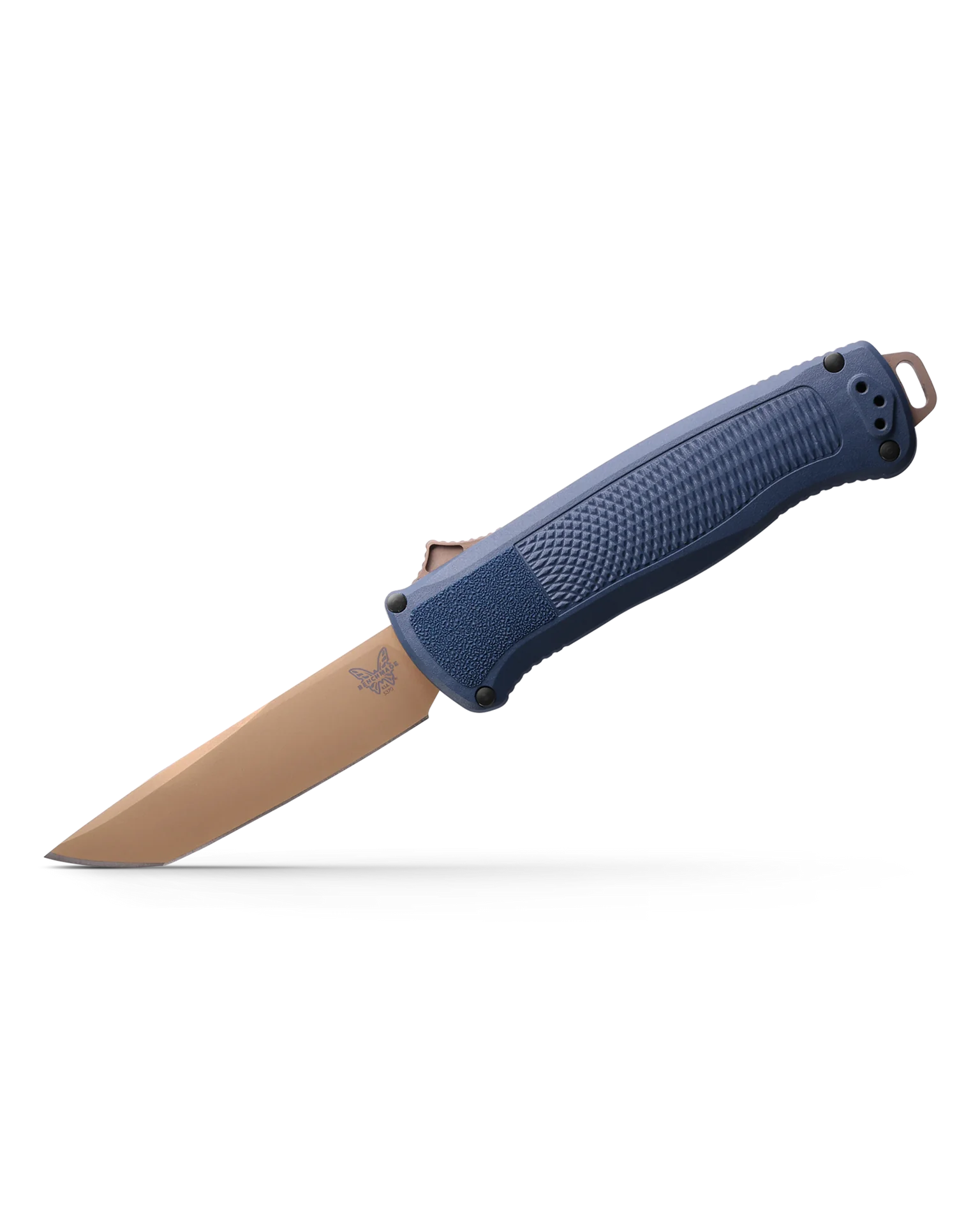 Benchmade SHOOTOUT knife featuring a blue handle and bronze blade, designed for durability and performance.