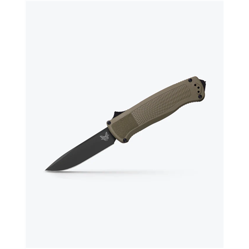 Benchmade Shootout Ranger Green Grivory drop-point knife with out-the-front mechanism, sleek and EDC-friendly design.