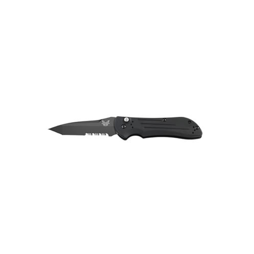 Benchmade Auto Stryker 9101 black serrated tanto knife with 6061-T6 aluminum handle and strong locking button design.