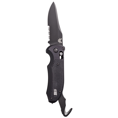 Benchmade Auto Triage Axis knife with serrated drop point blade and black G10 handle, ideal for public safety professionals.