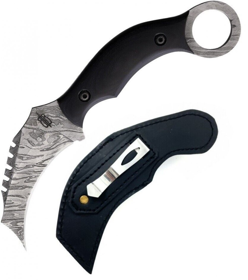 BNB Knives Damascus Venom Karambit with textured G-10 handle and protective sheath, showcasing tactical design and durability.
