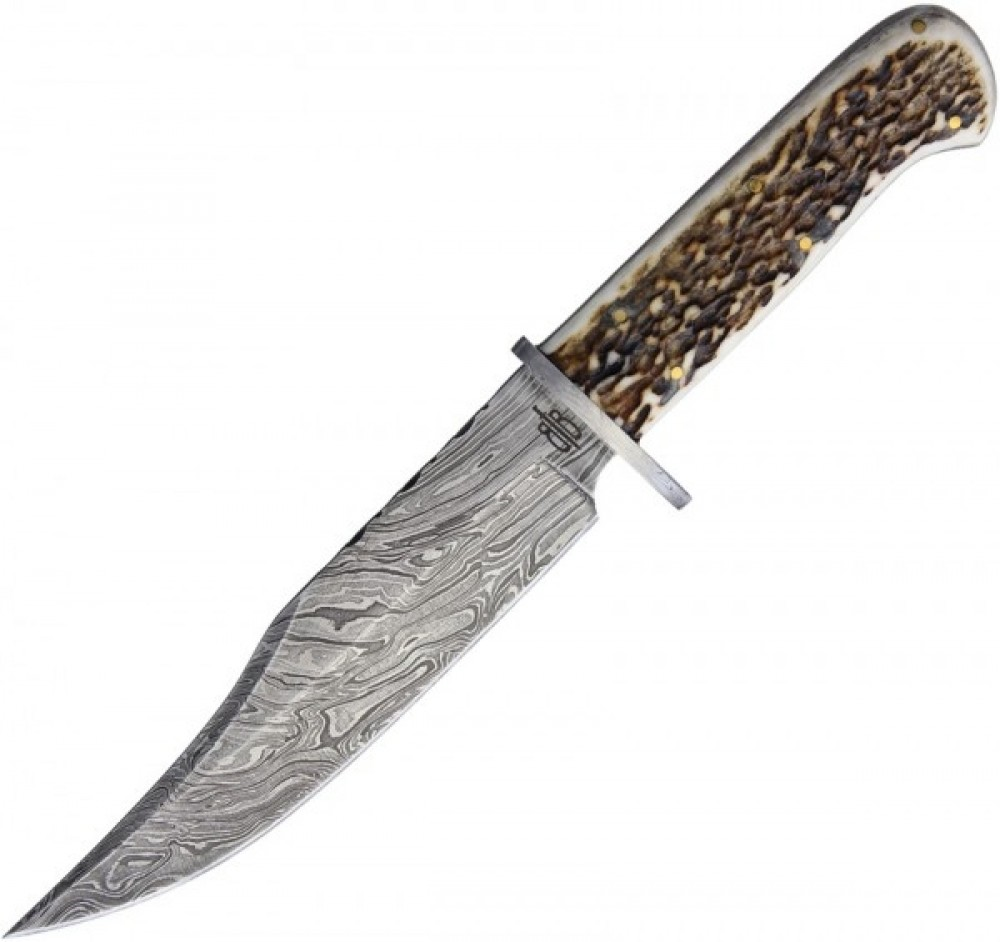 BNB Knives King's Stag Bowie with 1095 Damascus steel blade and stag handle, featuring a clip point style and elegant design.