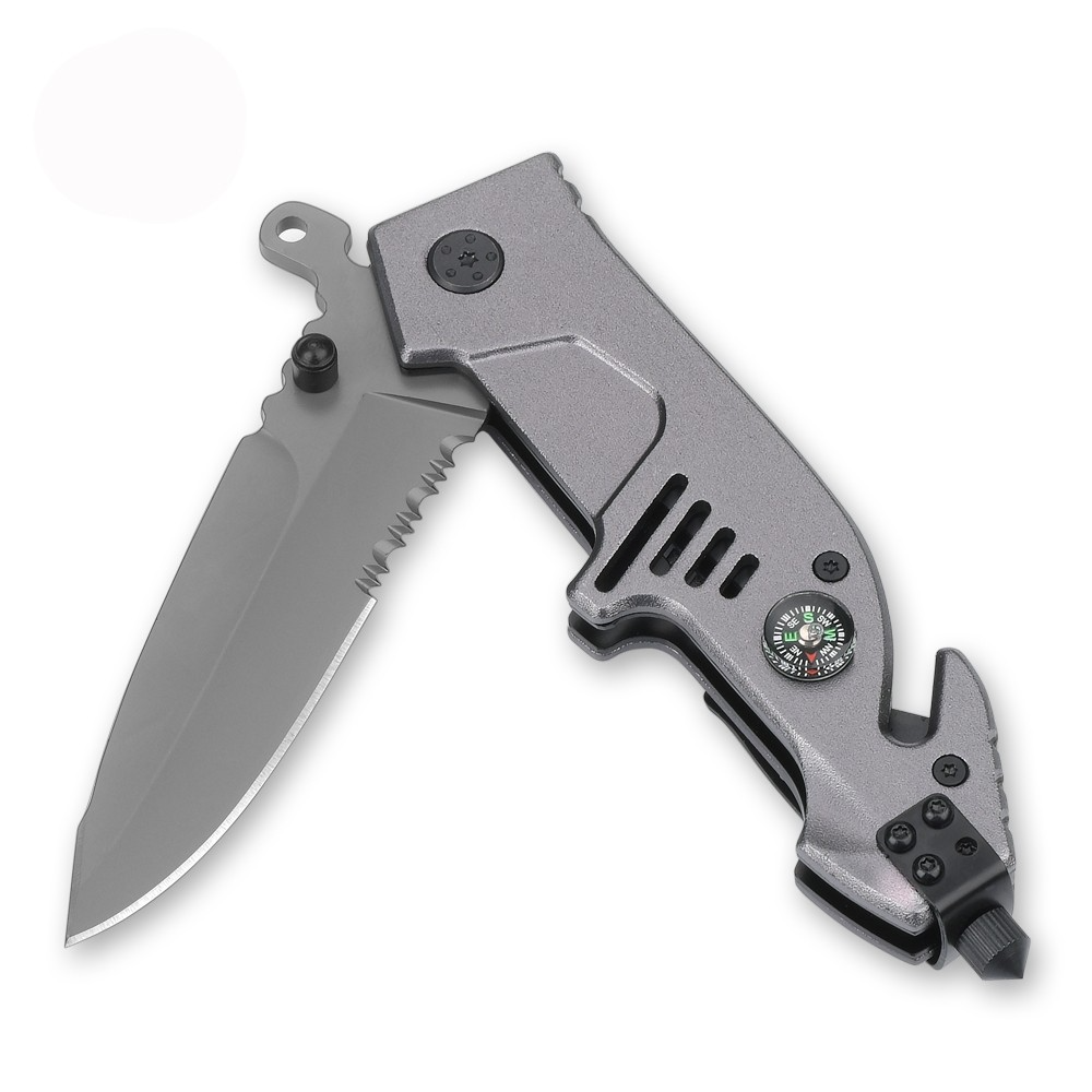 BNB Knives Pocket Survival Knife with compass, seat belt cutter, and glass breaker for outdoor adventures.